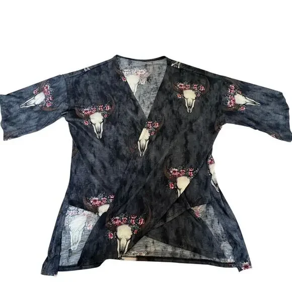 Floral Longhorn Skull Print Kimono Cardigan Boho Western Core M Coastal Cowgirl - Picture 7 of 10